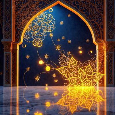 The primary subject of the image is a beautifully decorated archway with a pattern of stars and flowers. The archway is adorned with a pattern of stars and flowers, creating a visually appealing and intricate design. The setting is a room with a marble floor, which adds to the elegance of the scene. The visual style of the image is a combination of digital art and illustration, showcasing the artist's skill in creating a detailed and captivating design. The colors and mood of the